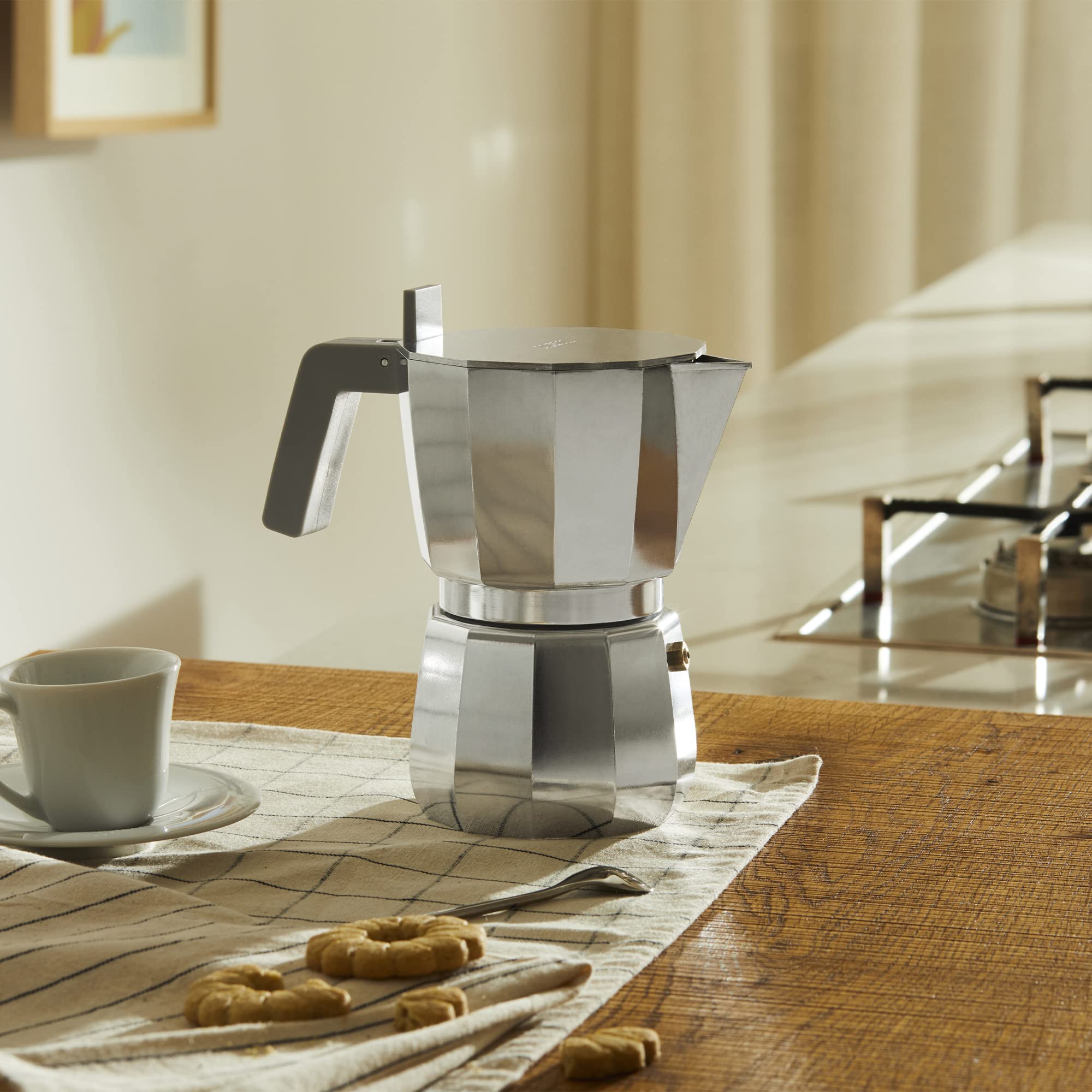Moka, Espresso Coffee Maker In Aluminium Casting. Handle And Knob In Pa, Grey. Magnetic Steel Bottom Suitable For Induction Cook